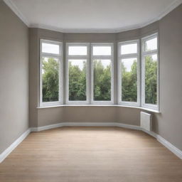 Visualize an empty 9 square meter room with a large bay window.