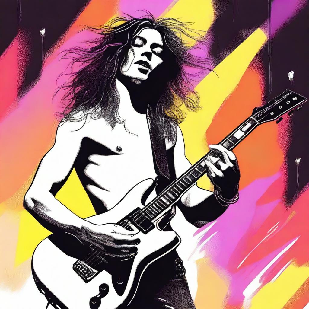 A detailed illustration of Damiano David, the male lead singer of Maneskin, with long hair, passionately playing the guitar on stage