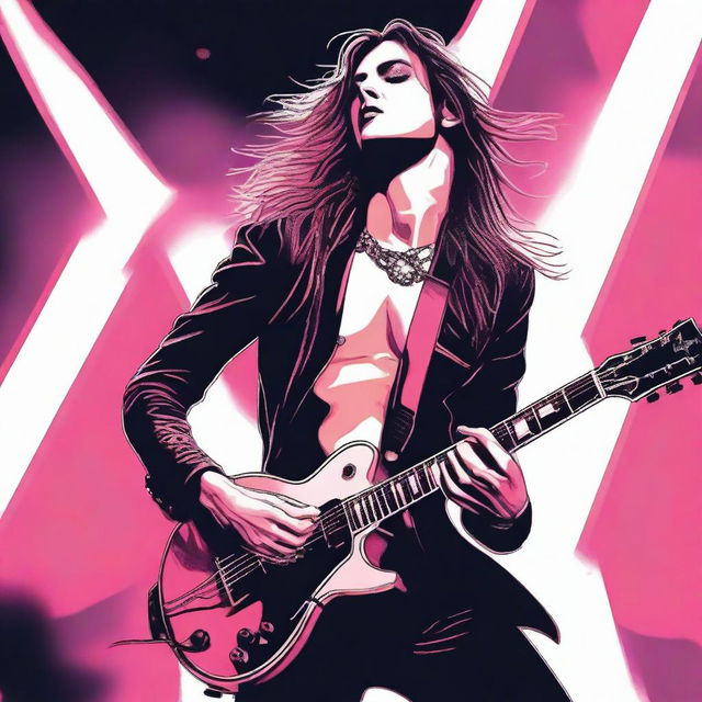 A detailed illustration of Damiano David, the male lead singer of Maneskin, with long hair, passionately playing the guitar on stage