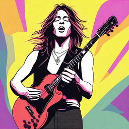 A detailed illustration of Damiano David, the male lead singer of Maneskin, with long hair, passionately playing the guitar on stage