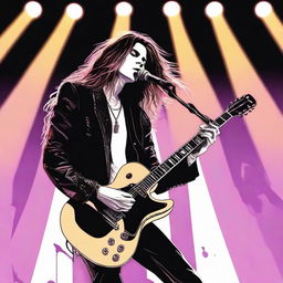 A detailed illustration of Damiano David, the male lead singer of Maneskin, with long hair, passionately playing the guitar on stage