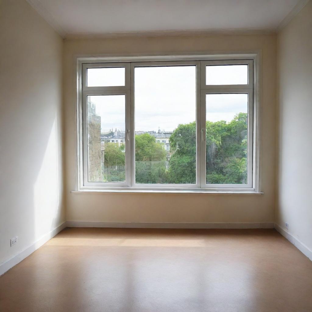 Illustrate an empty 9 square meter room featuring a large sliding bay window.