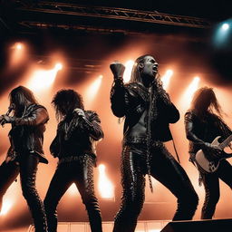 A group of metal singers performing on stage with intense lighting and a large, energetic crowd