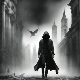 A book cover featuring a black and white cityscape with a young person in distressed jeans and a reaper's dress standing in the foreground