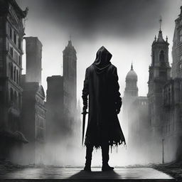 A book cover featuring a black and white cityscape with a young person in distressed jeans and a reaper's dress standing in the foreground