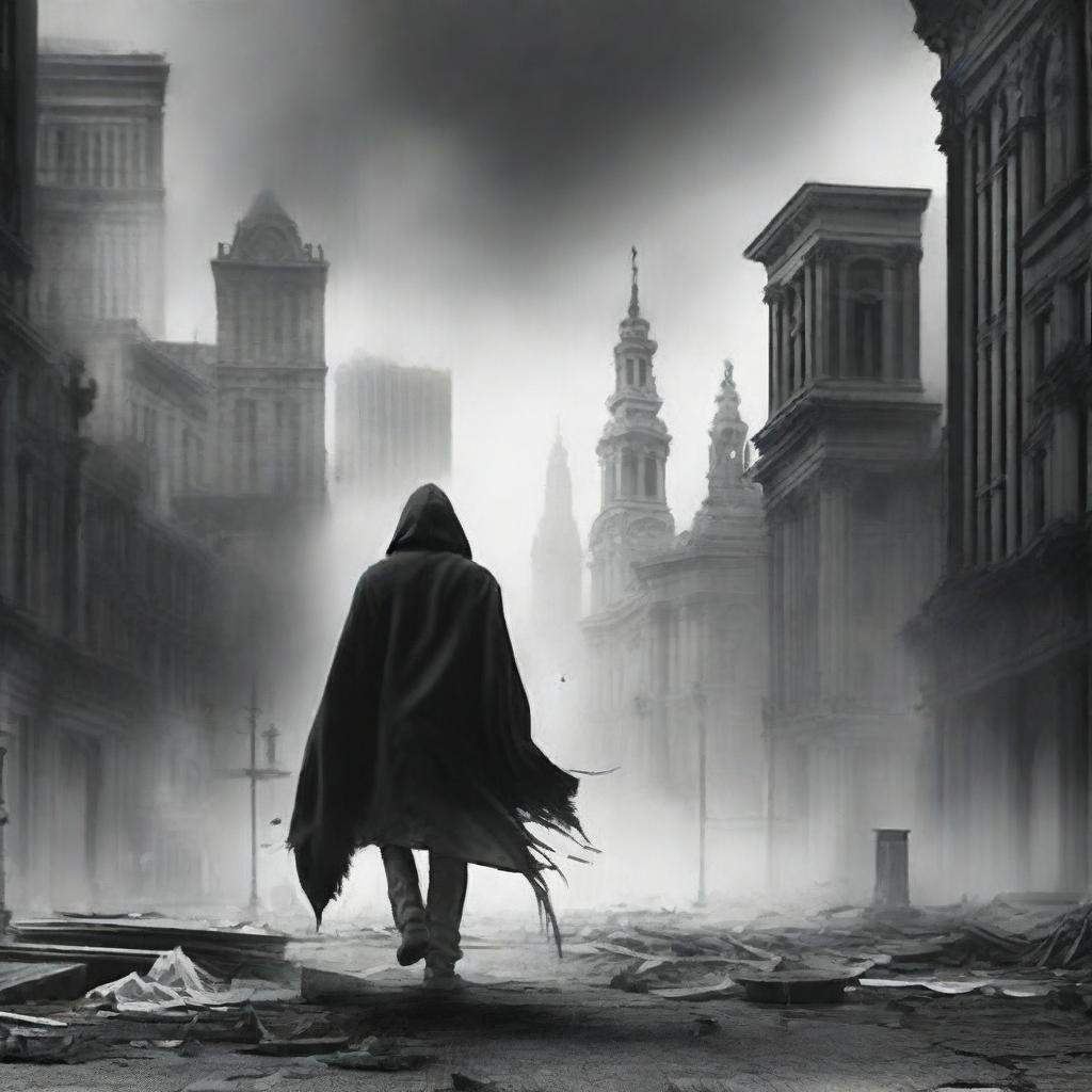 A book cover featuring a black and white cityscape with a young person in distressed jeans and a reaper's dress standing in the foreground