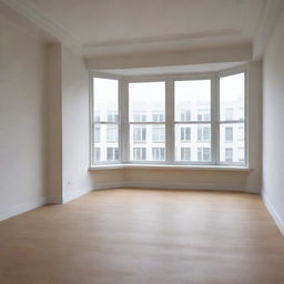 Illustrate an empty 9 square meter room featuring a large sliding bay window.