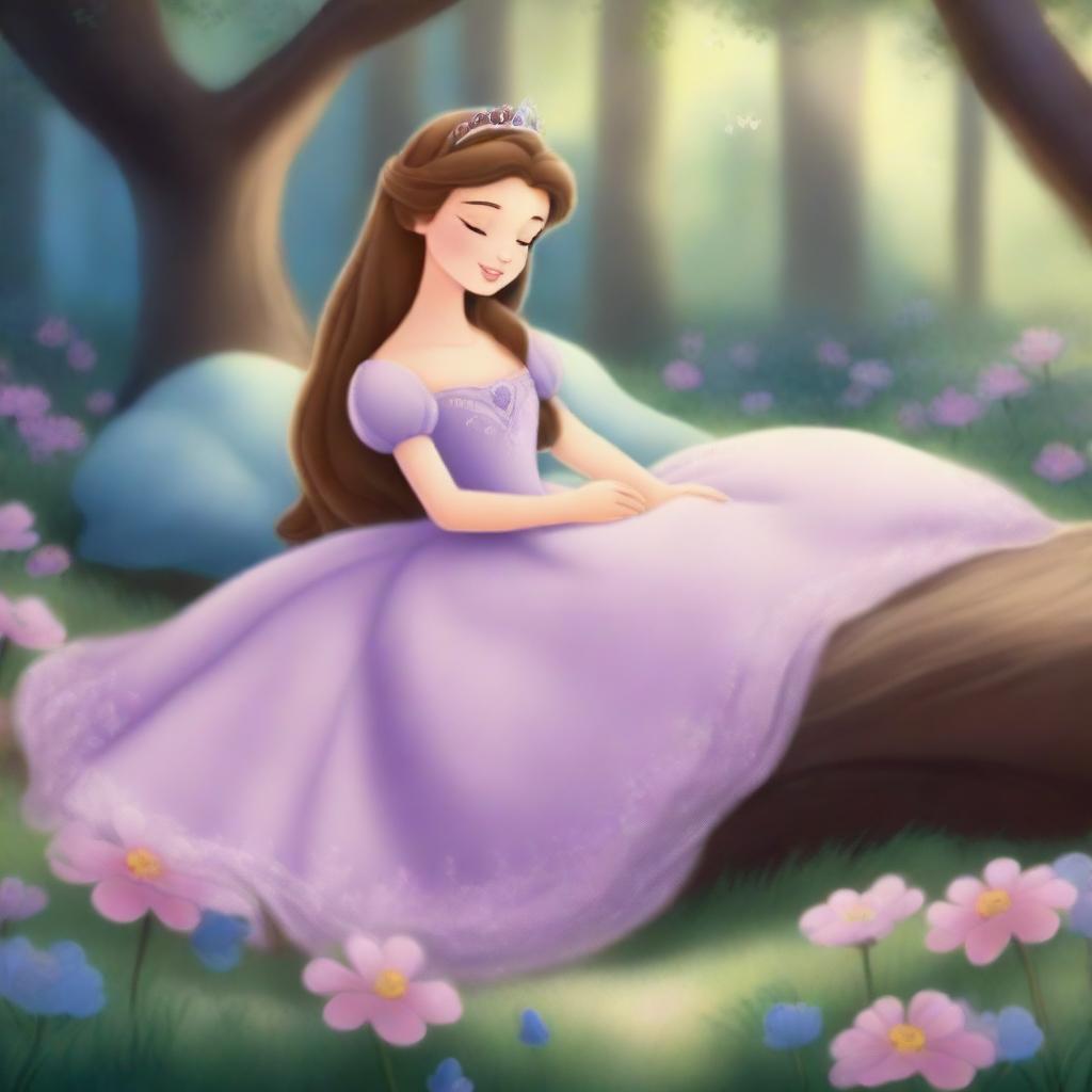 A beautiful princess in a deep, magical sleep, surrounded by an enchanted forest