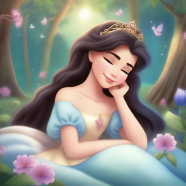 A beautiful princess in a deep, magical sleep, surrounded by an enchanted forest