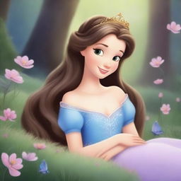 A beautiful princess in a deep, magical sleep, surrounded by an enchanted forest