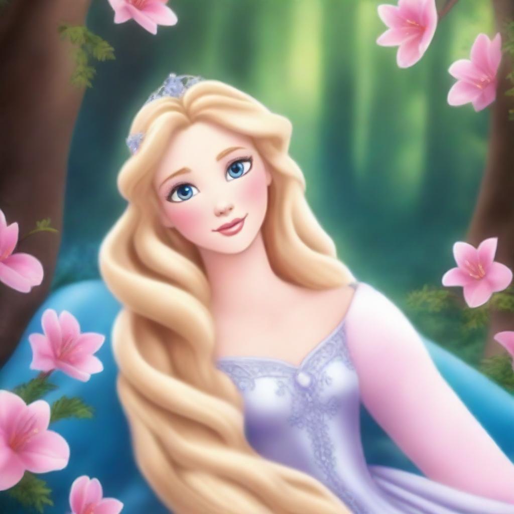 Princess Aurora, the Sleeping Beauty, with blonde hair and blue eyes, lying in a deep, magical sleep