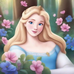 Princess Aurora, the Sleeping Beauty, with blonde hair and blue eyes, lying in a deep, magical sleep