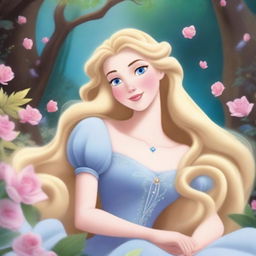 Princess Aurora, the Sleeping Beauty, with blonde hair and blue eyes, lying in a deep, magical sleep