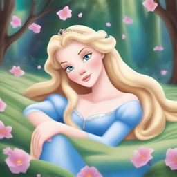 Princess Aurora, the Sleeping Beauty, with blonde hair and blue eyes, lying in a deep, magical sleep