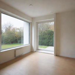 Illustrate an empty 9 square meter room featuring a large sliding bay window.