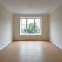 Illustrate an empty 9 square meter room featuring a large sliding bay window.