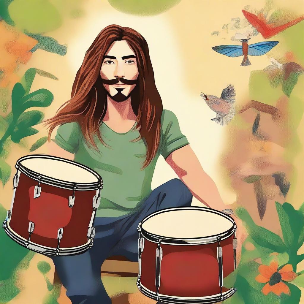 Create an image of Ethan Torchio, an Italian male with long hair, known for being a drummer