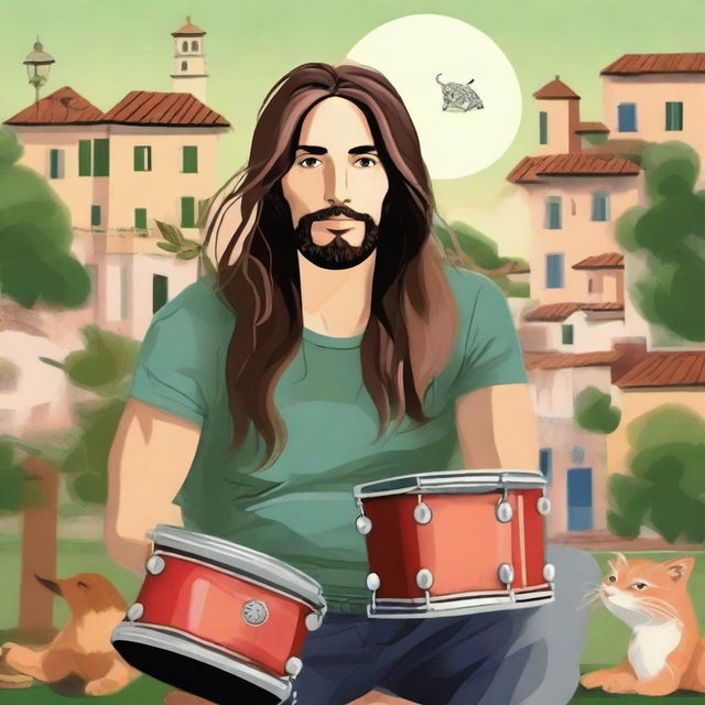 Create an image of Ethan Torchio, an Italian male with long hair, known for being a drummer