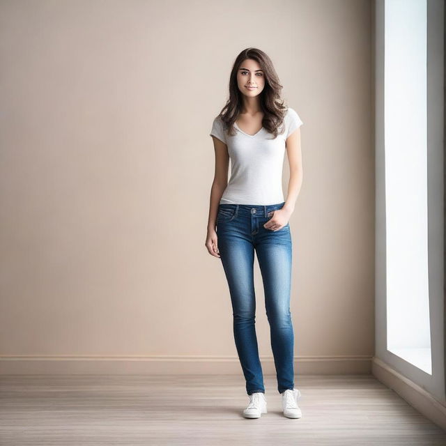 Create a full-body photo of a young woman standing confidently