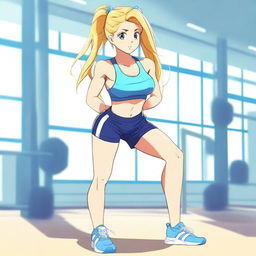 Una chica rubia haciendo gimnasia, vestida con shorts azules muy cortos