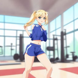 Una chica rubia haciendo gimnasia, vestida con shorts azules muy cortos