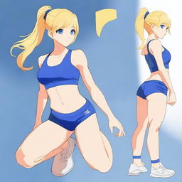 Una chica rubia haciendo gimnasia, vestida con shorts azules muy cortos y casi transparentes