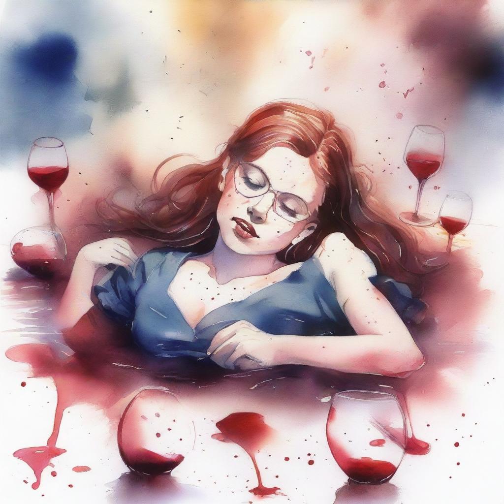 Create a watercolor drawing of a girl lying in a puddle of wine with broken glasses around her