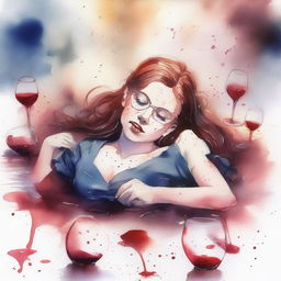 Create a watercolor drawing of a girl lying in a puddle of wine with broken glasses around her