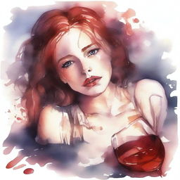 Create a watercolor drawing of a girl lying in a puddle of wine with broken glasses around her