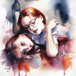 Create a watercolor drawing of a girl lying in a puddle of wine with broken glasses around her