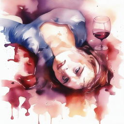 Create a watercolor drawing of a girl lying in a puddle of wine with broken glasses around her