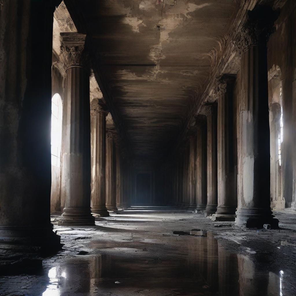 Create an image of a long, dark hall that is dilapidated and ruined, with water dripping from the ceiling