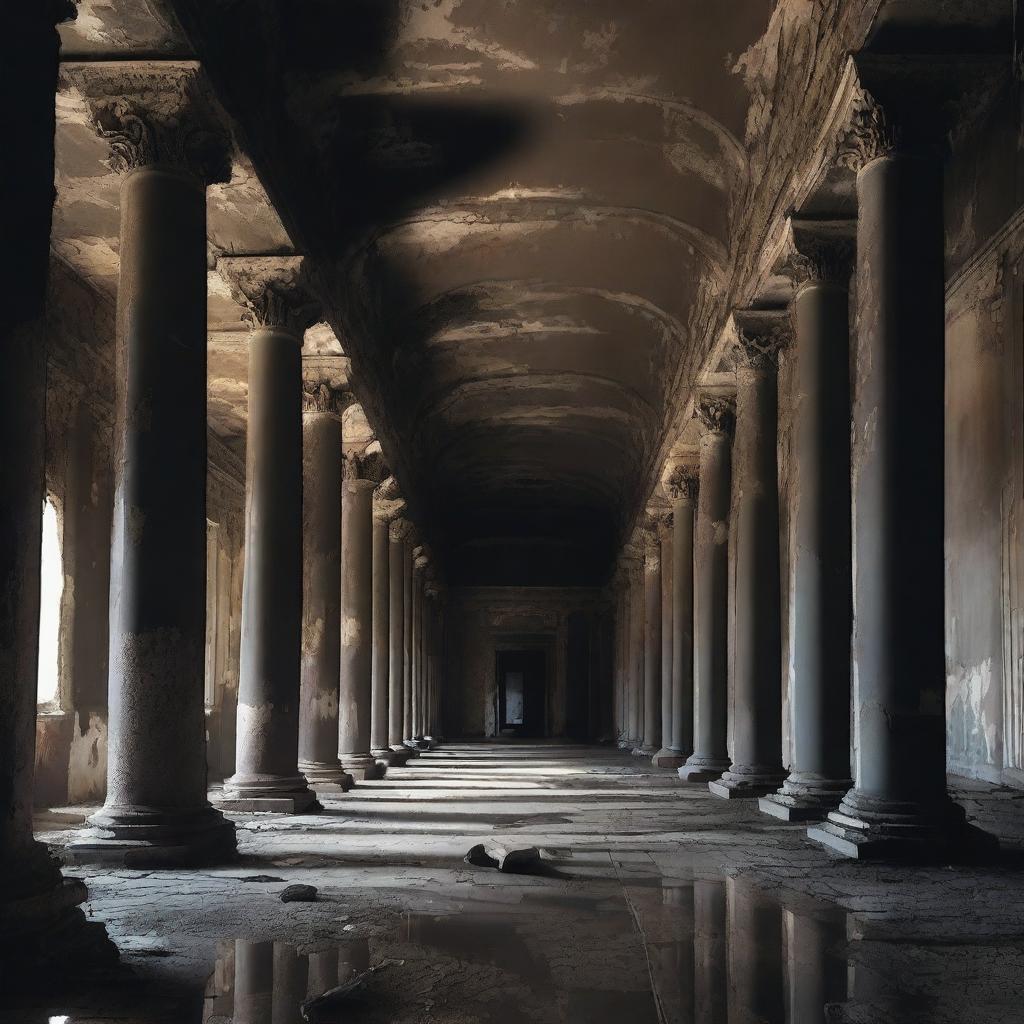 Create an image of a long, dark hall that is dilapidated and ruined, with water dripping from the ceiling