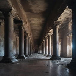 Create an image of a long, dark hall that is dilapidated and ruined, with water dripping from the ceiling