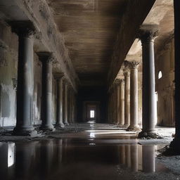 Create an image of a long, dark hall that is dilapidated and ruined, with water dripping from the ceiling