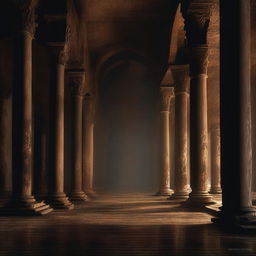 Create an image of a long, dark, and ruined hall with dripping water and an altar at the far end