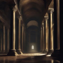 Create an image of a long, dark, and ruined hall with dripping water and an altar at the far end