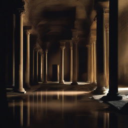 Create an image of a long, dark, and ruined hall with dripping water and an altar at the far end