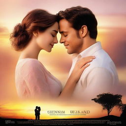 A romantic movie poster featuring a couple in a loving embrace, with a beautiful sunset in the background