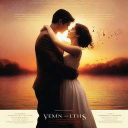 A romantic movie poster featuring a couple in a loving embrace, with a beautiful sunset in the background