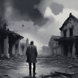 Create an image of a man standing among destroyed gray houses