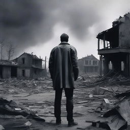 Create an image of a man standing among destroyed gray houses