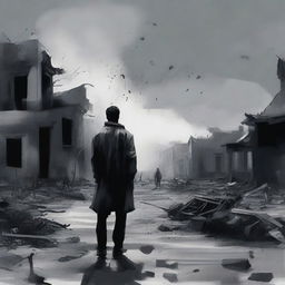 Create an image of a man standing among destroyed gray houses