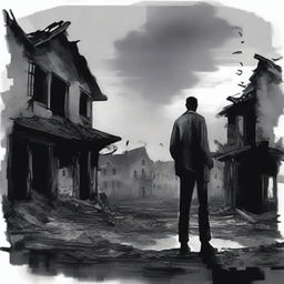 Create an image of a man standing among destroyed gray houses