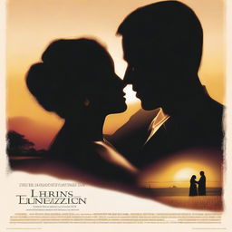 A romantic movie poster featuring a couple in a loving embrace, silhouetted against a beautiful sunset