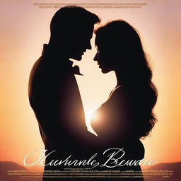 A romantic movie poster featuring a couple in a loving embrace, silhouetted against a beautiful sunset