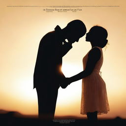 A romantic movie poster featuring a couple in a loving embrace, silhouetted against a beautiful sunset