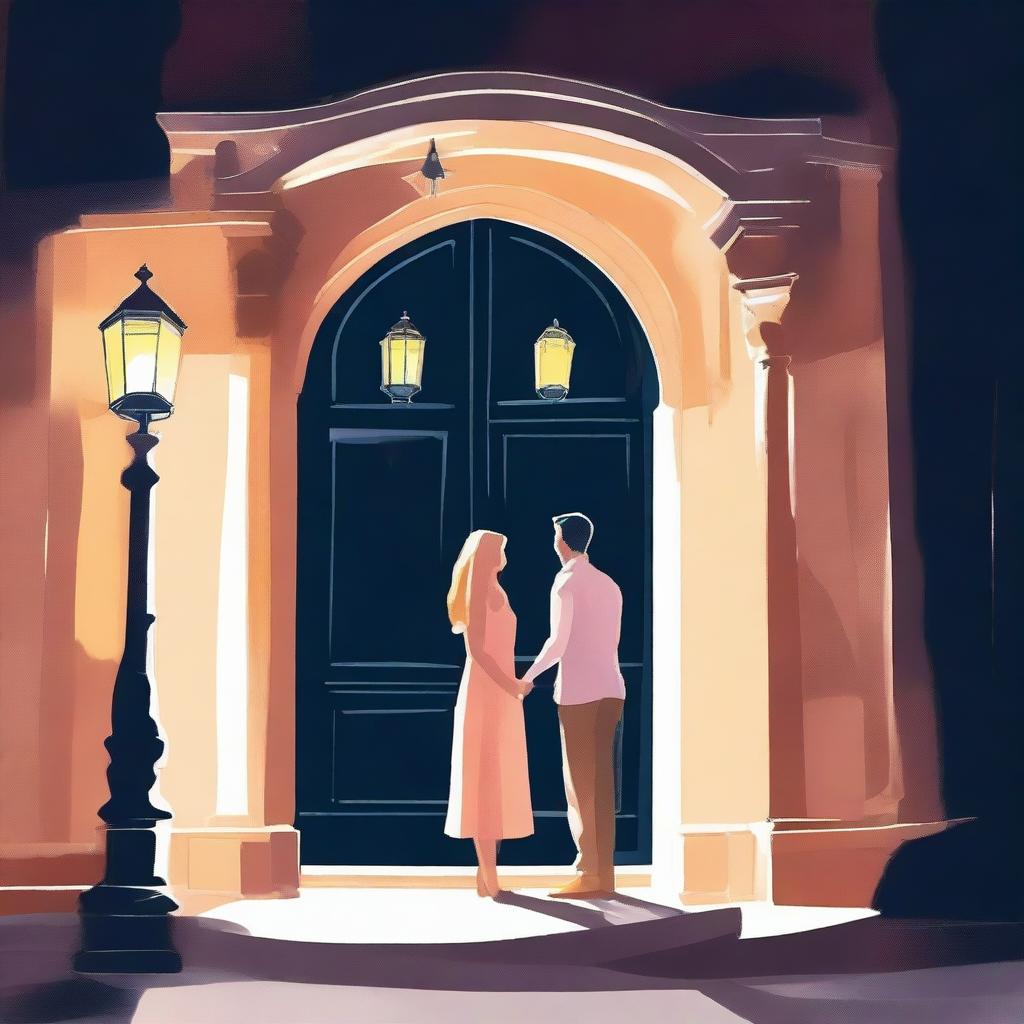 Create a gouache drawing of a guy and a girl standing at the entrance of a building at night