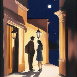 Create a gouache drawing of a guy and a girl standing at the entrance of a building at night