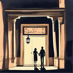 Create a gouache drawing of a guy and a girl standing at the entrance of a building at night